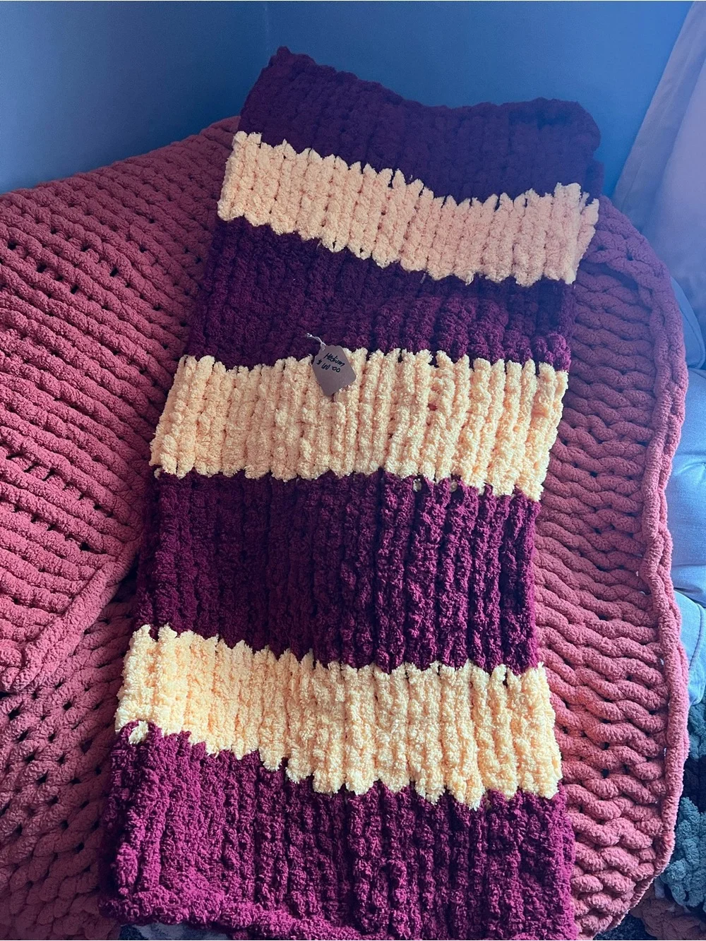 Cozy Striped Chunky Knit Sweater - Burgundy and Cream
